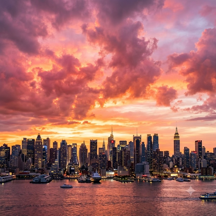 City skyline under a dramatic pink-and-orange sunset sky